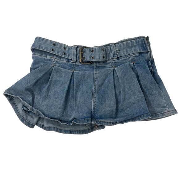 Vintage Y2K Style Light Wash Low Rise Denim Pleated Belted Mini Skirt Skort / M - Picture 5 of 7
